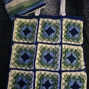 Crochet Tote Bag with Blue and Green Squares